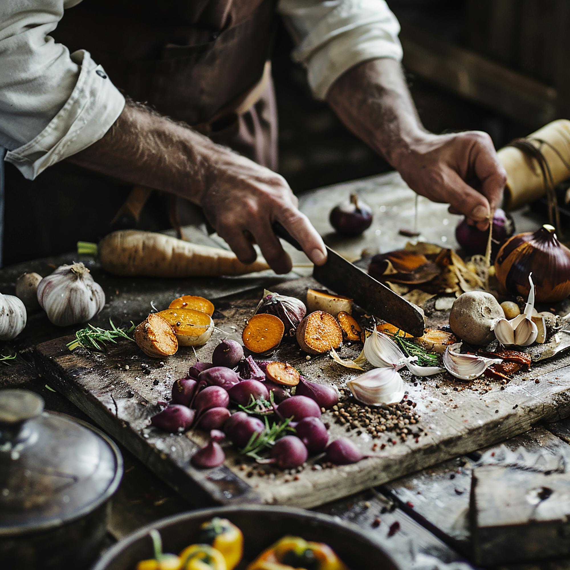 Large plated course on rustic table
