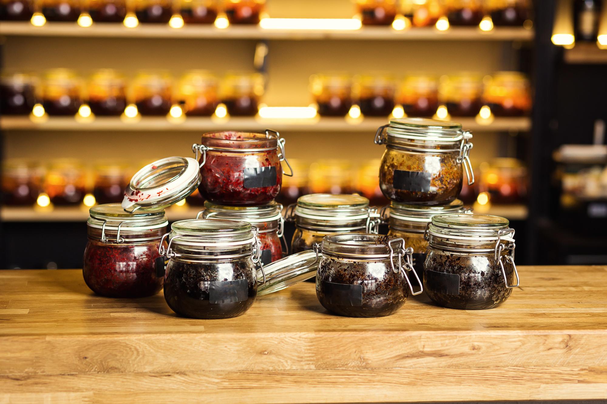 Fermentation jars on shelf